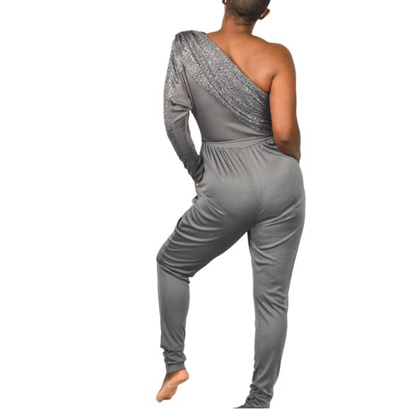 Vintage Climax One Shoulder Jumpsuit Gray Sequin Ruched Draped 70s Retro Small - Picture 2 of 15